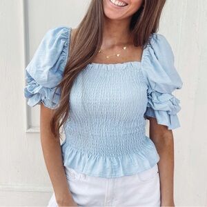 Light Blue Smocked Puff Sleeve Top Size Medium!!